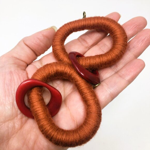 Handmade Oval Burnt Orange Acrylic Wrapped Chunky Dangle Chain Earrings - Picture 9 of 16